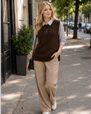Colete Feminino de Tricô Elegante – Estilo Clássico e Versátil Marrom