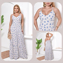 Vestido Longo Feminino Azul e Branco com Bojo e Estampa Delicada