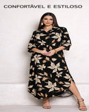Vestido Longo Feminino Chemise Estampado com Botões Frontais e Bolsos Laterais do M ao GG Preto