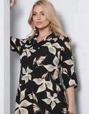 Vestido Longo Feminino Chemise Estampado com Botões Frontais e Bolsos Laterais do M ao GG Preto