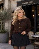 Blusa Tricô Feminina Manga Longa Lã Cardigan Botões Suéter Marrom