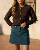 Blusa Tricô Feminina Manga Longa Lã Cardigan Botões Suéter Marrom