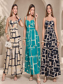 Vestido Longo Geometrica  com Alças Finas e Elastex nas Costas  Tamanho Único