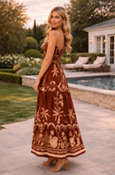 Vestido Longo Feminino Estampado Lastex Terracota