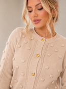 Blusa Tricô Feminina Manga Longa Lã Cardigan Botões Suéter Bege