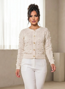 Blusa Tricô Feminina Manga Longa Lã Cardigan Botões Suéter Bege