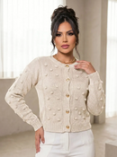 Blusa Tricô Feminina Manga Longa Lã Cardigan Botões Suéter Bege