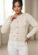 Blusa Tricô Feminina Manga Longa Lã Cardigan Botões Suéter Bege