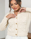 Blusa Tricô Feminina Manga Longa Lã Cardigan Botões Suéter Bege