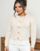 Blusa Tricô Feminina Manga Longa Lã Cardigan Botões Suéter Bege