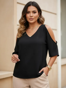 Blusa Estampada Decote V - Preta