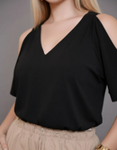 Blusa Estampada Decote V - Preta