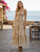 Vestido Longo Feminino Estampado Lastex Bege/Branco