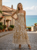 Vestido Longo Feminino Estampado Lastex Bege/Branco