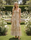 Vestido Longo Feminino Estampado Lastex Bege/Branco