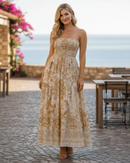 Vestido Longo Feminino Estampado Lastex Bege/Branco