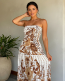 Vestido Longo Feminino Estampado Lastex Marrom/Branco