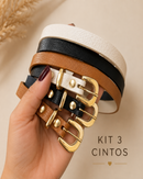 Kit 3 Cintos Feminino Fino Couro Legítimo Fivela Dourada