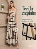 Vestido Longo Geometrica  com Alças Finas e Elastex nas Costas  Tamanho Único
