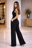 Macacão Feminino Elegante Pantalona com Bolso Preto