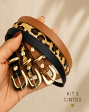 Kit 3 Cintos Feminino Fino Couro Legítimo Fivela Dourada