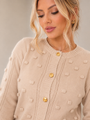 Blusa Tricô Feminina Manga Longa Lã Cardigan Botões Suéter Bege