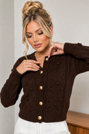Blusa Tricô Feminina Manga Longa Lã Cardigan Botões Suéter Marrom