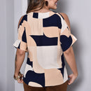 Blusa Estampada - Decote em V - Bege e Azul Marinho