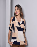 Blusa Estampada - Decote em V - Bege e Azul Marinho