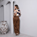 Blusa Estampada - Decote em V - Bege e Azul Marinho