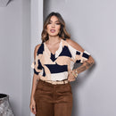 Blusa Estampada - Decote em V - Bege e Azul Marinho