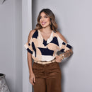 Blusa Estampada - Decote em V - Bege e Azul Marinho
