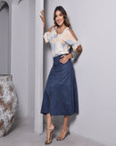 Saia Midi em Suede - Azul