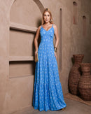 Vestido Longo Feminino Azul e Branco com Bojo e Estampa Delicada