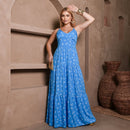 Vestido Longo Feminino Azul e Branco com Bojo e Estampa Delicada