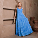 Vestido Longo Feminino Azul e Branco com Bojo e Estampa Delicada