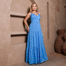 Vestido Longo Feminino Azul e Branco com Bojo e Estampa Delicada