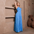 Vestido Longo Feminino Azul e Branco com Bojo e Estampa Delicada