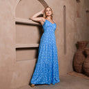 Vestido Longo Feminino Azul e Branco com Bojo e Estampa Delicada