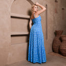 Vestido Longo Feminino Azul e Branco com Bojo e Estampa Delicada