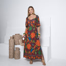Vestido Feminino Estampado Decote Quadrado