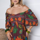 Vestido Feminino Estampado Decote Quadrado