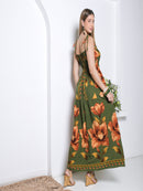 Vestido Longo Floral com Lastex e Alças de Amarrar