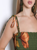 Vestido Longo Floral com Lastex e Alças de Amarrar