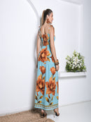 Vestido Longo Floral com Lastex e Alças de Amarrar