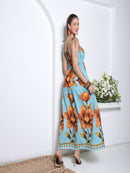 Vestido Longo Floral com Lastex e Alças de Amarrar