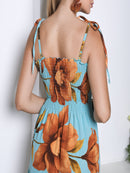 Vestido Longo Floral com Lastex e Alças de Amarrar