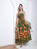 Vestido Longo Floral com Lastex e Alças de Amarrar