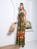 Vestido Longo Floral com Lastex e Alças de Amarrar