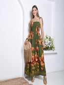 Vestido Longo Floral com Lastex e Alças de Amarrar